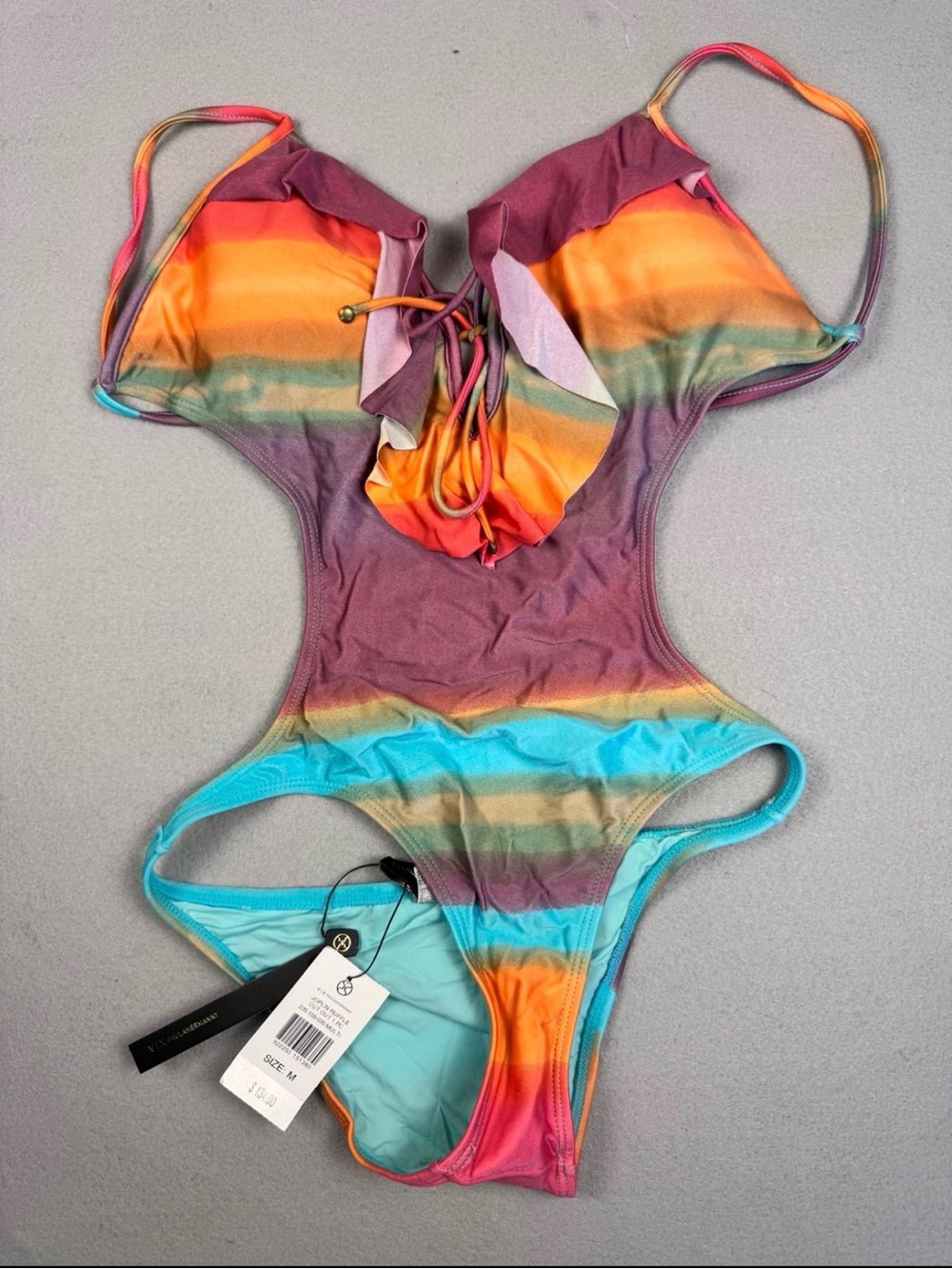 Rainbow Stripe One-Piece Swimsuit with Lace-Up Front